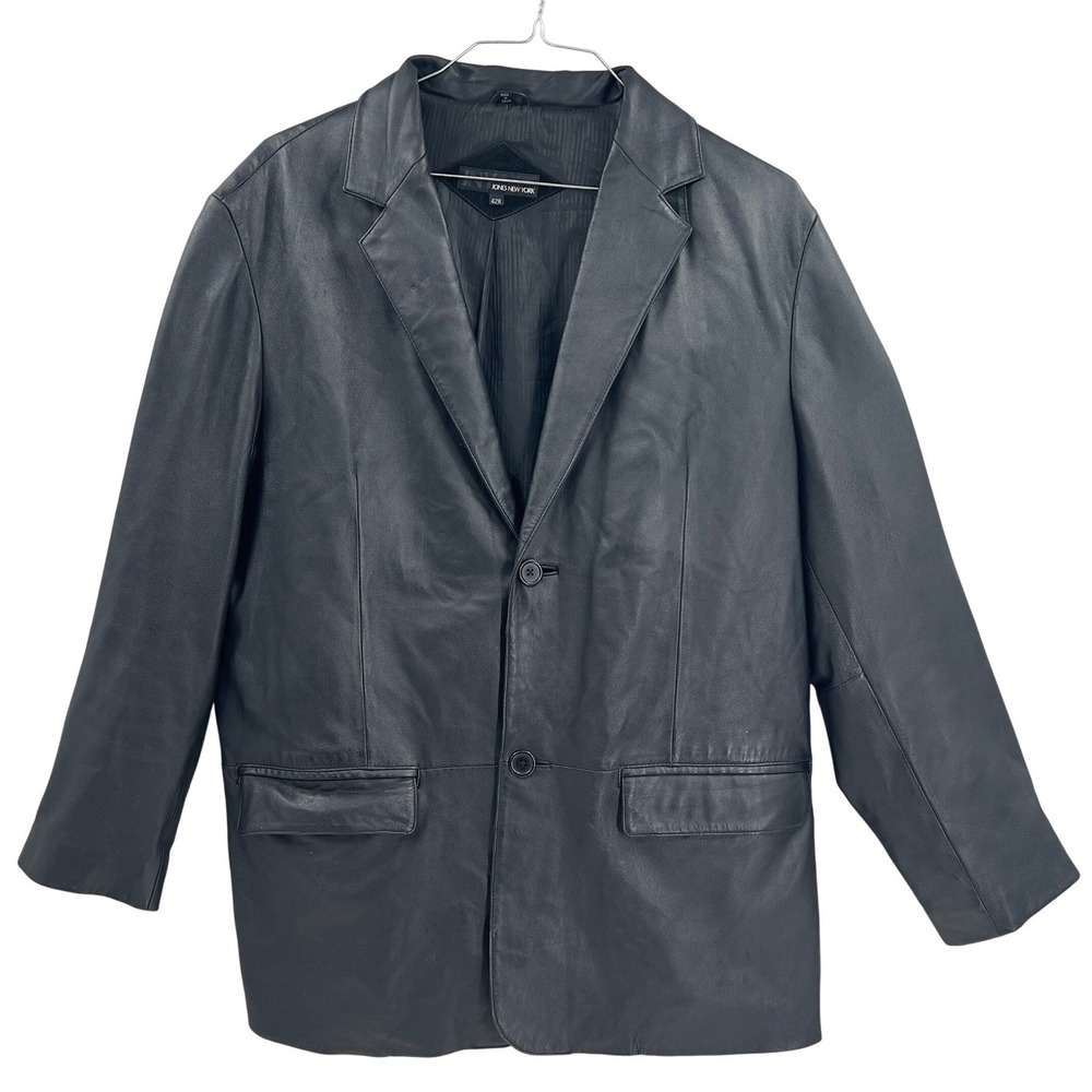 Jones New York Mens 42R Black Genuine Leather Blazer Jacket Large 2 Button